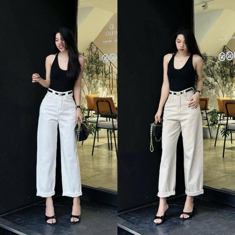 Quần Jeans Baggy 94CM Quần Baggy  ỐNG ĐỨNG Nữ  Màu TRắng Be Women Ong