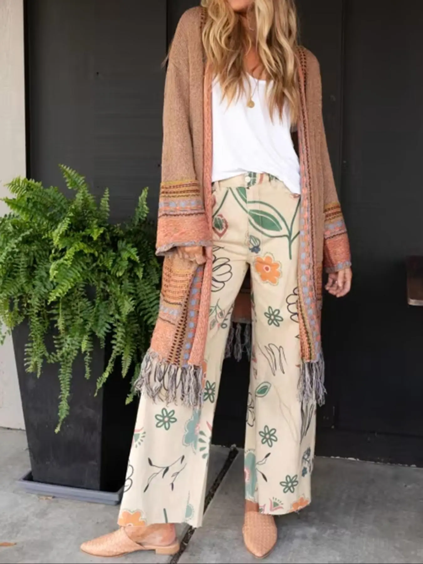Women's Plants Print Wide Leg  Pants, Casual Pocket Trousers for Daily Wear, Ladies Bottoms for All Seasons