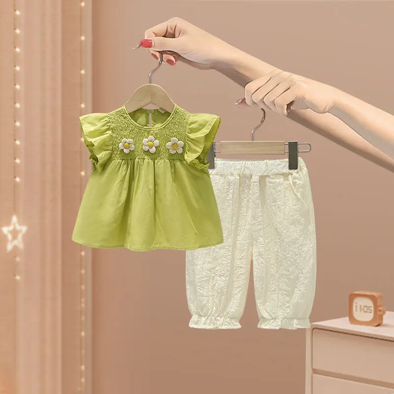 Bộ Đồ Bé Gái, Bộ Sưu Tập Mùa Hè Mới 2024, Thời Trang Phong Cách Phương Tây, Phong Cách Hàn Quốc, Bộ Hai Mảnh, Quần Áo Không Tay Cho Bé Gái, Thích Hợp Cho Trẻ Em Heo