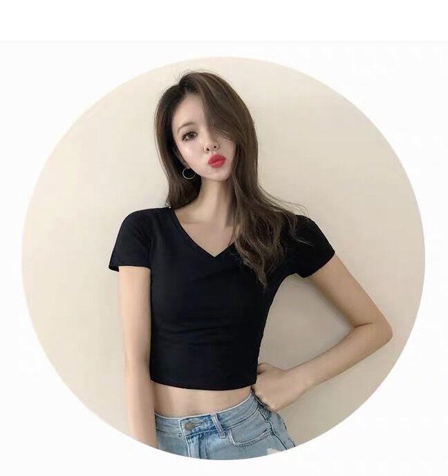 Product Introduction of Front and Rear Large Double V-neck Mouth Chicken Collar Student High Waist Midriff-Baring Backless Bottoming Shirt Short Sleeve T-shirt Women's Doublet 12