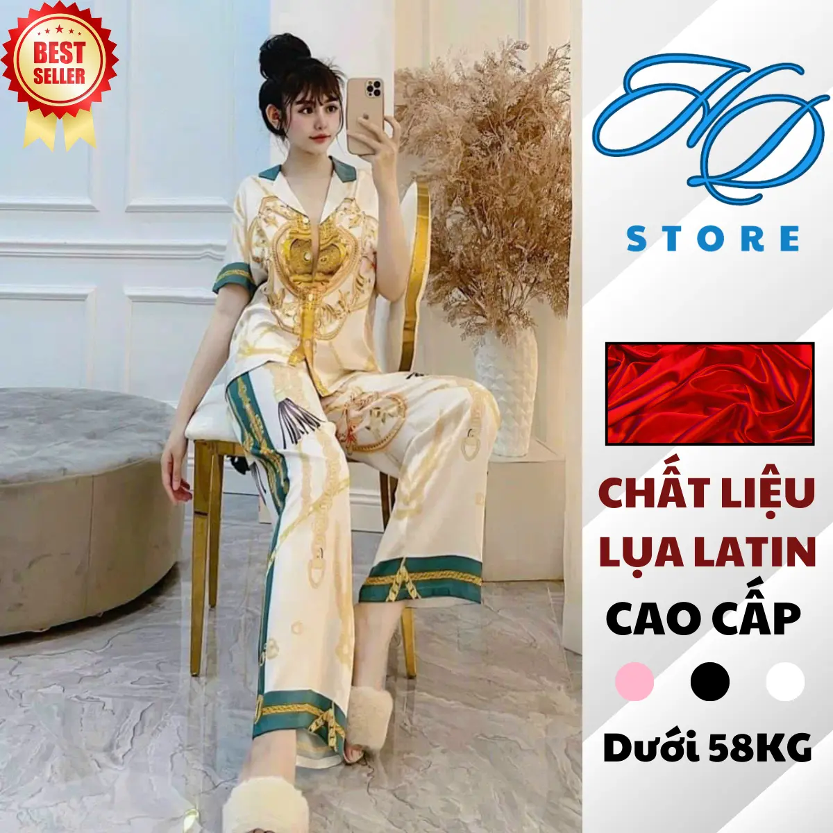 Đồ Bộ Nữ Mặc Nhà Áo Ngủ Họa Tiết Xích Hoàng Gia Sang Trọng Chất Lụa Latin Mềm Mịn Kem Thoáng Mát Tay Ngắn & Dài Quần Ngủ Nhung Women Top Nho - HD STORE