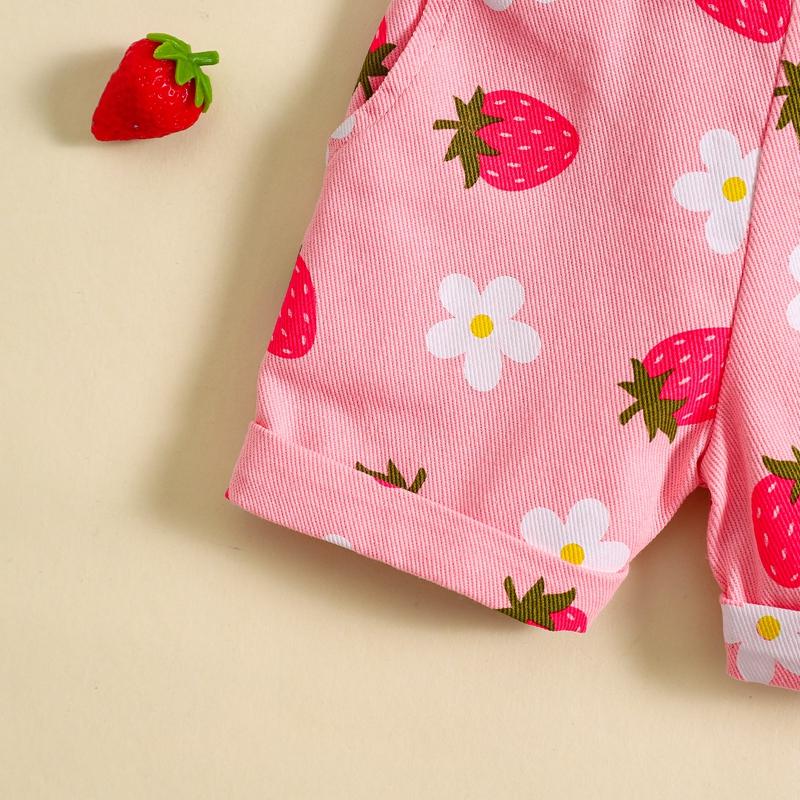 Product Introduction of Pink/ White Toddler Kid Little Girl Denim Overalls Flower/Strawberry Print Jeans Overalls Strap Suspender Shorts Outfit 6 12 18 24 Months 2-6 Years Old Kid 50