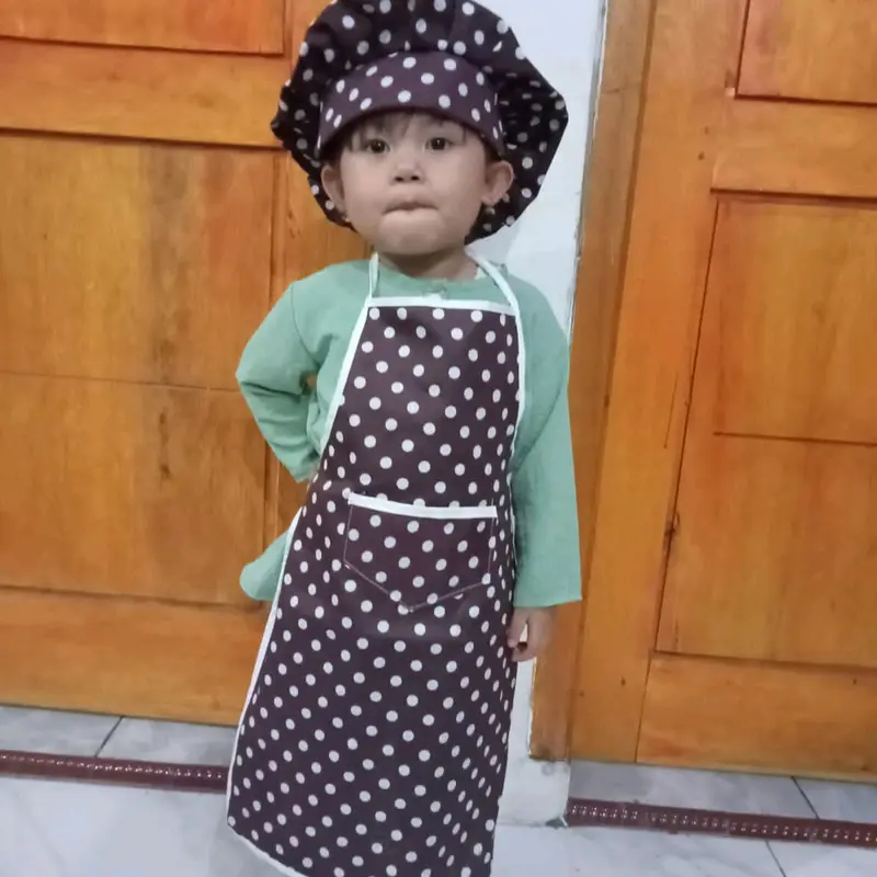 Celmek Apron Anak SD TK Polkadot Viral Plus Topi Chef Senada 1 set Celmek Dapur Anak Celemek viral dengan kantong polcadot hitam 6