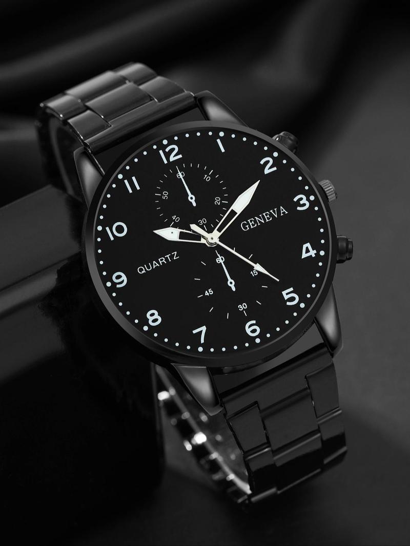 Product Introduction of Business Minimalist Metal Strap Round Dial Watch Set, Trendy Watch & Chunky Chain Bracelet As Men's Gift Sets, Wristwatch & Matching Bracelet Set without Box 12