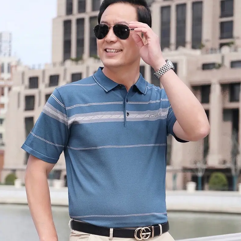 [TẶNG BỐ] Áo thun len lạnh Nam Trung Niên Cộc Tay Quảng Châu Menswear Top Polo Có Cổ Ngắn Tay 1
