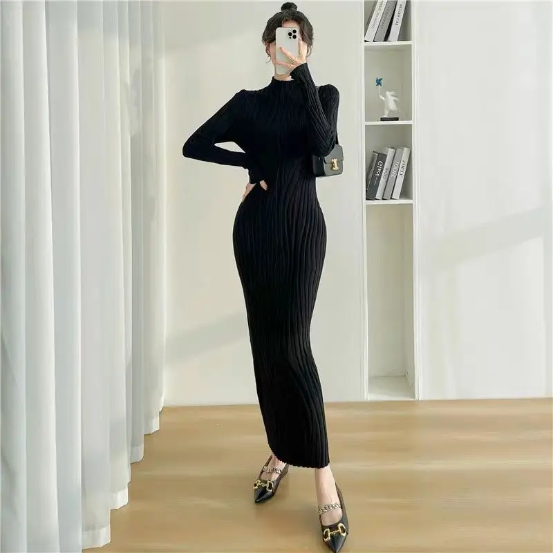 Áo Sơ Mi Lớp Nền Bó Sát Phong Cách Nhật Bản Và Hàn Quốc, Đơn Giản Và Thường Ngày, cổ lọ thấp, Thích Hợp Để Phối Bên Trong, Áo Len Dệt Kim, Váy Quá Gối, Năm 2024 Women Dress Khuy 7