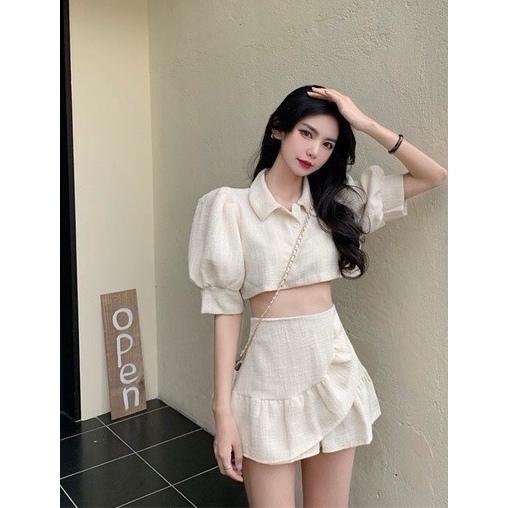 Product Introduction of Set áo croptop chân váy xếp ly cổ sơ mi 🔥chất bố gấm🔥 tay bồng bo chun váy ngắn form xòe bèo xéo kem dự tiệc đám cưới 41