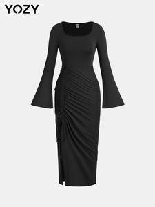 YOZY Women's Plain Ruched Drawstring Split Thigh Bodycon Dress, Elegant Fashion Long Sleeve Square Neck Dress for Party Club Dating Wear, Women Dress for Spring Fall