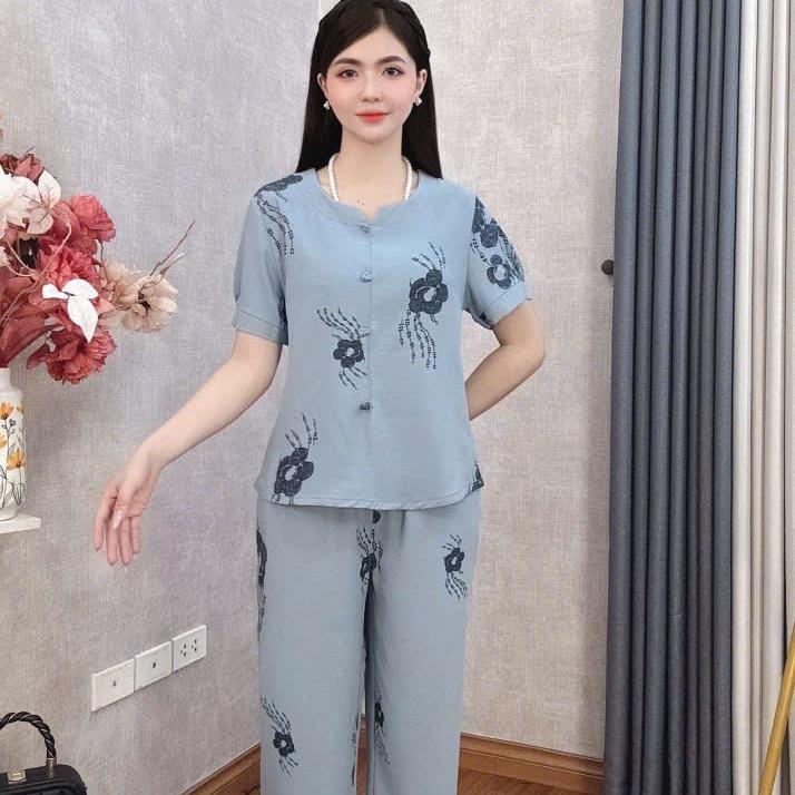 Bộ đồ trung niên, Đồ bộ mặc nhà B50 Loudra shop (jolle) đồ bộ mặc nhà quần dài áo cộc hàng đũi nhăn, co giãn nhẹ mát, mềm mịn Có hoa Sen Xanh Nữ Women