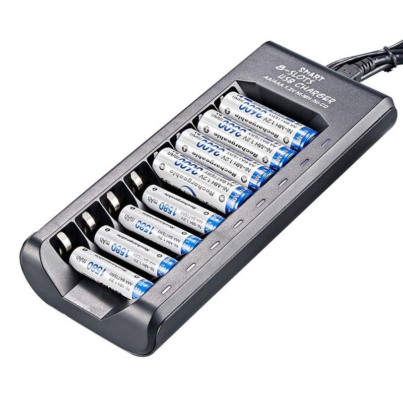 Bộ sạc pin 5V 2A, sạc nhanh, dành cho pin AA / AAA, với 5 / 8 khe cắm, bộ sạc USB 5