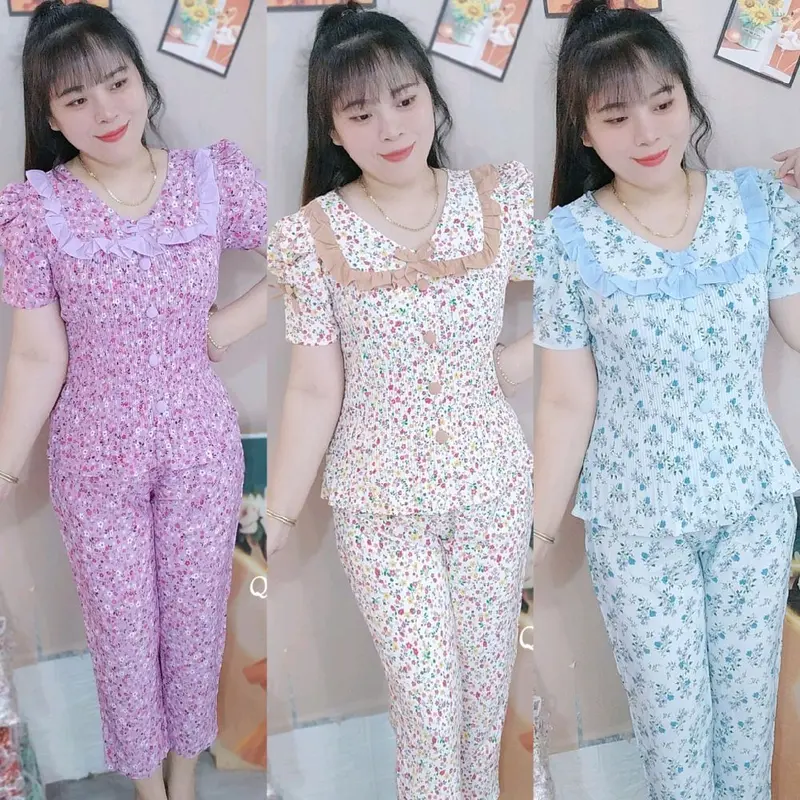 (M6Quần 8 tấc)Đồ bộ nữ áo dập ly tay búp phồng vải lụa hàn nhiều họa tiết Voi ngủ thư tiểu pizamanu 0