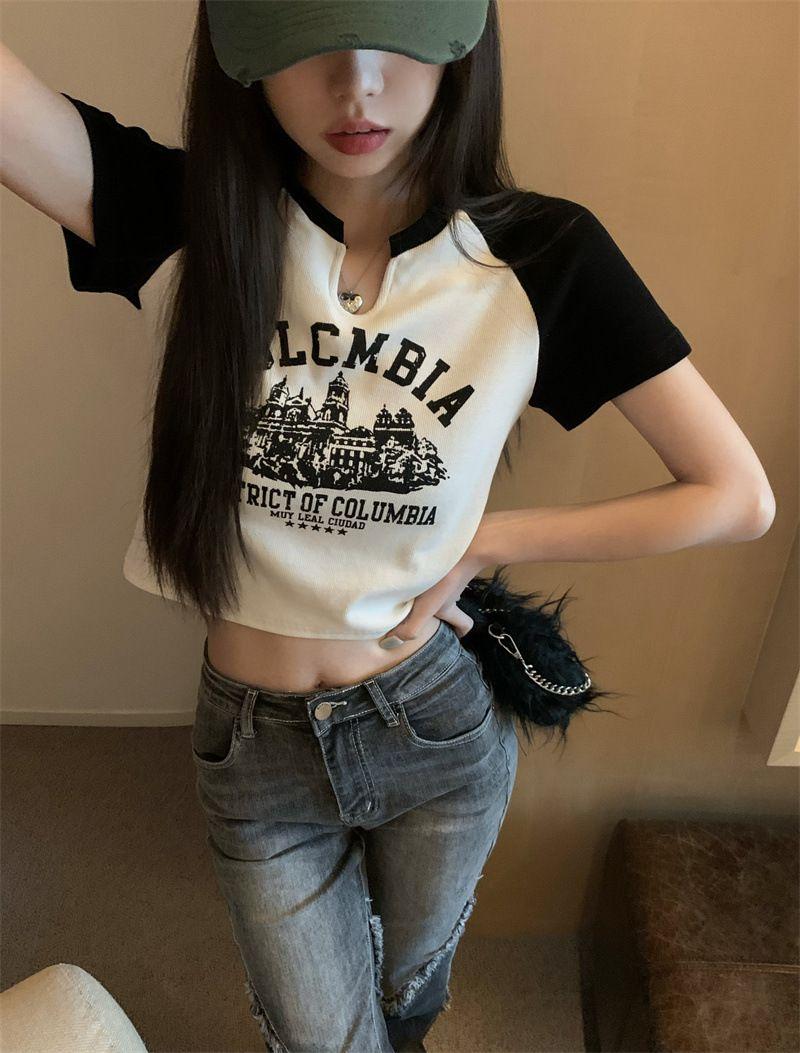 Product Introduction of Trendy V-Neck Short Sleeve T-Shirt for Women Spring Summer 25 Styles Sweet and Spicy American Retro Design Short Student Top Fashion 24