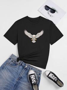 ImprinTee Women's Eagle Print Round Neck Graphic Tee, Vintage Trendy Casual Short Sleeve T-shirt For Daily Wear, Ladies All Seasons Outfit