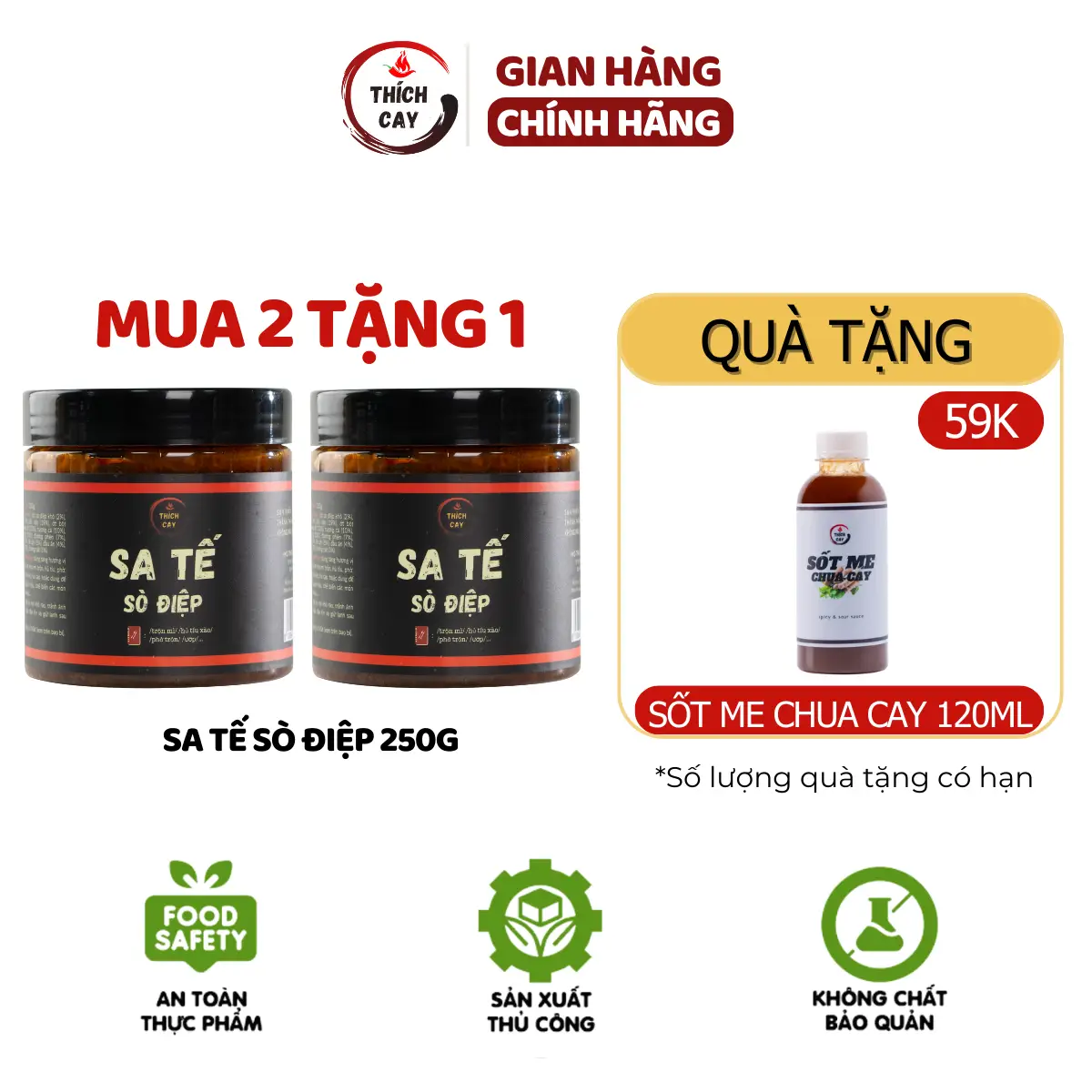 [Tặng Sốt Me Chua Cay 120ml] Combo 02 hũ Sa tế sò điệp Thích Cay 250g, trộn mì, hủ tiếu, phở, sốt cá viên chiên Gia Vị Nước Sốt