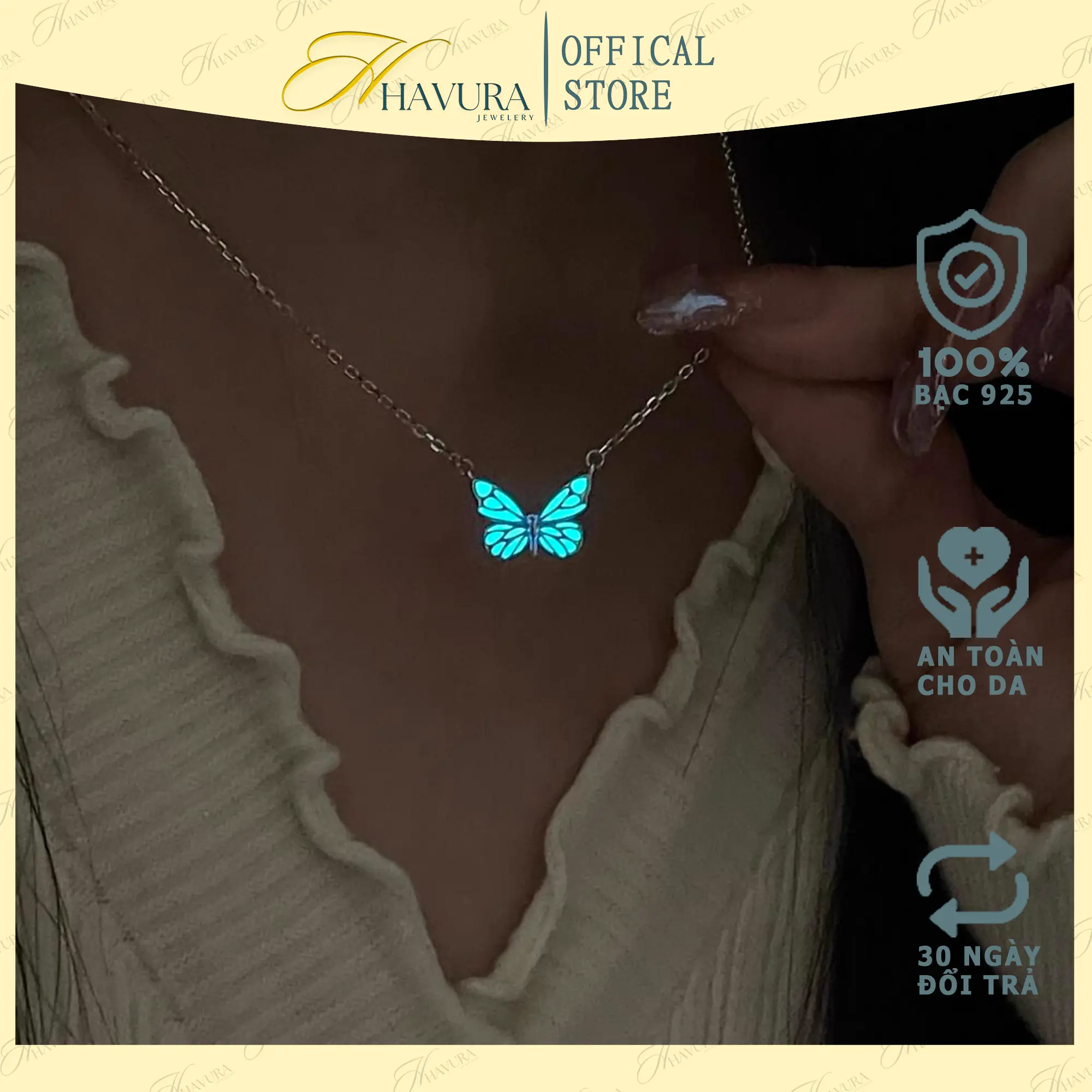 Dây chuyền bạc nữ HAVURA, vòng cổ nữ thiết kế mặt con bướm phát quang độc đáo M066105