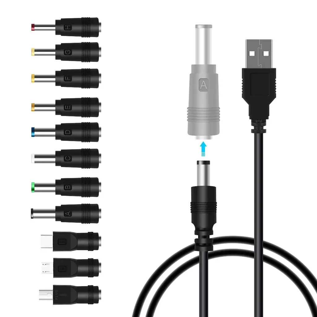 USB to DC 5V Power Cable, Universal DC 5.5x2.1mm Plug Jack Charging Cord with 11 Connectors(6.4x4.4, 6.3x3.0, 5.5x2.5, 5.5x2.1,Micro-USB, Type-C, Mini USB)
