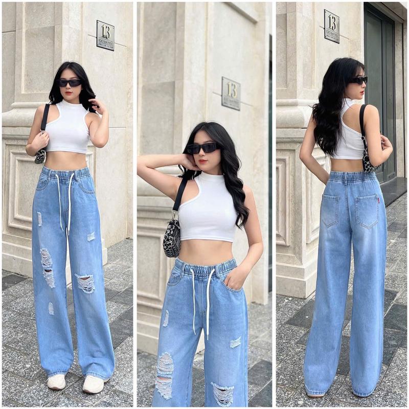 Quần Jean Baggy Nữ Lưng Thun Rách Xước Cá Tính Quần Bò Rách Nữ Ống Suông Chất Mềm Mịn MS357 Women Pants mma new quansuong namlun suong theu quan jeansuong jeans