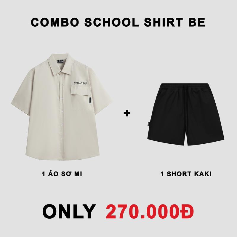 COMBO TIẾT KIỆM Áo Sơ Mi School Shirt Tay Ngắn Màu Be Thêu U.TEE STUDIO và Short Kaki Unisex Form Rộng Chất Liệu 100% Cotton Menswear Nam Quần Kem Jacket