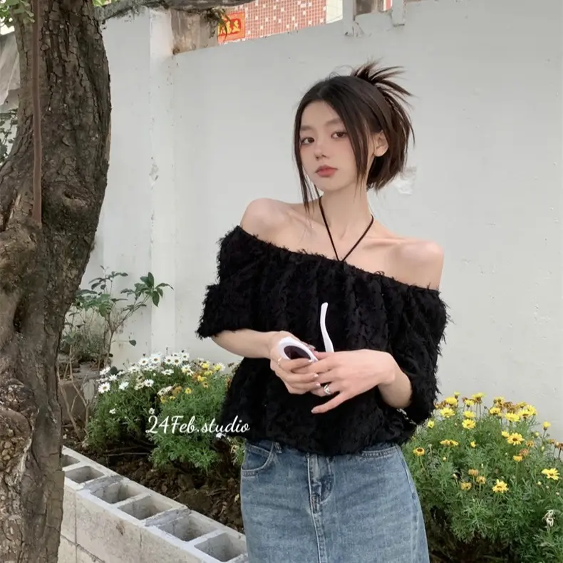 [AK17] Áo tơ trễ vai kèm dây buộc phong cách ulzzang Hàn Quốc