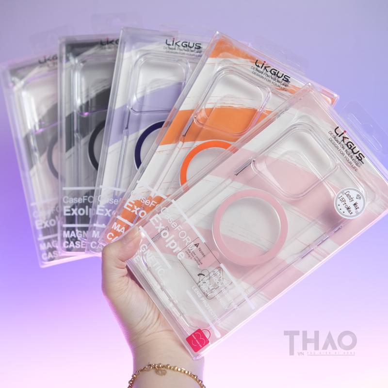 Ốp lưng Likgus Candy trong CỨNG dành cho iPhone, trong suốt chống ố vàng, có vòng hỗ trợ sạc không dây từ tính, nút bấm kim loại Phụ Kiện Case