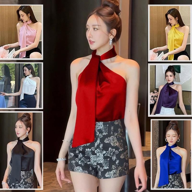 A-02 Áo Yếm Lụa Tô Châu Sát Nách Cổ Nơ 7 Màu Đỏ Xanh Trắng Đen Hồng Vàng Tím