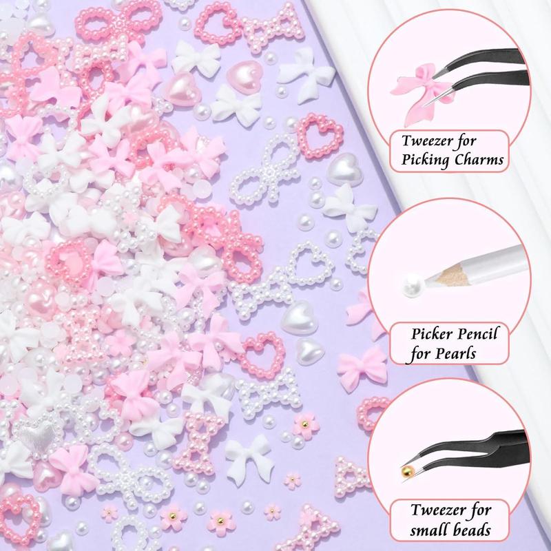 Product Introduction of Bow and Faux Pearl Decor Nail Art Charms Set, 1000pcs Multi-shape Nail Art Decoration, Nail Art Accessories with Tweezers & Pickup Pencil for Nail Art, Craft and Decoration 14
