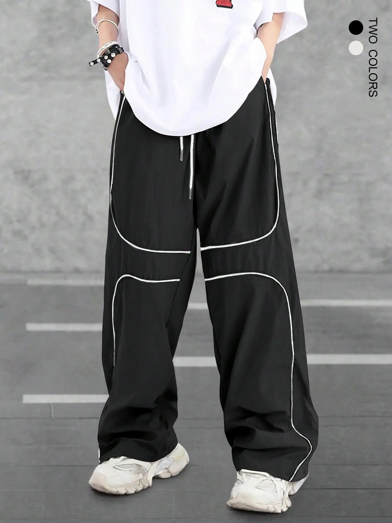 Men's Loose Contrast Binding Drawstring Waist Wide Leg Pants, Casual Comfy Pocket Elastic Waist Trousers for Daily Wear, Unisex's Bottoms for All Seasons