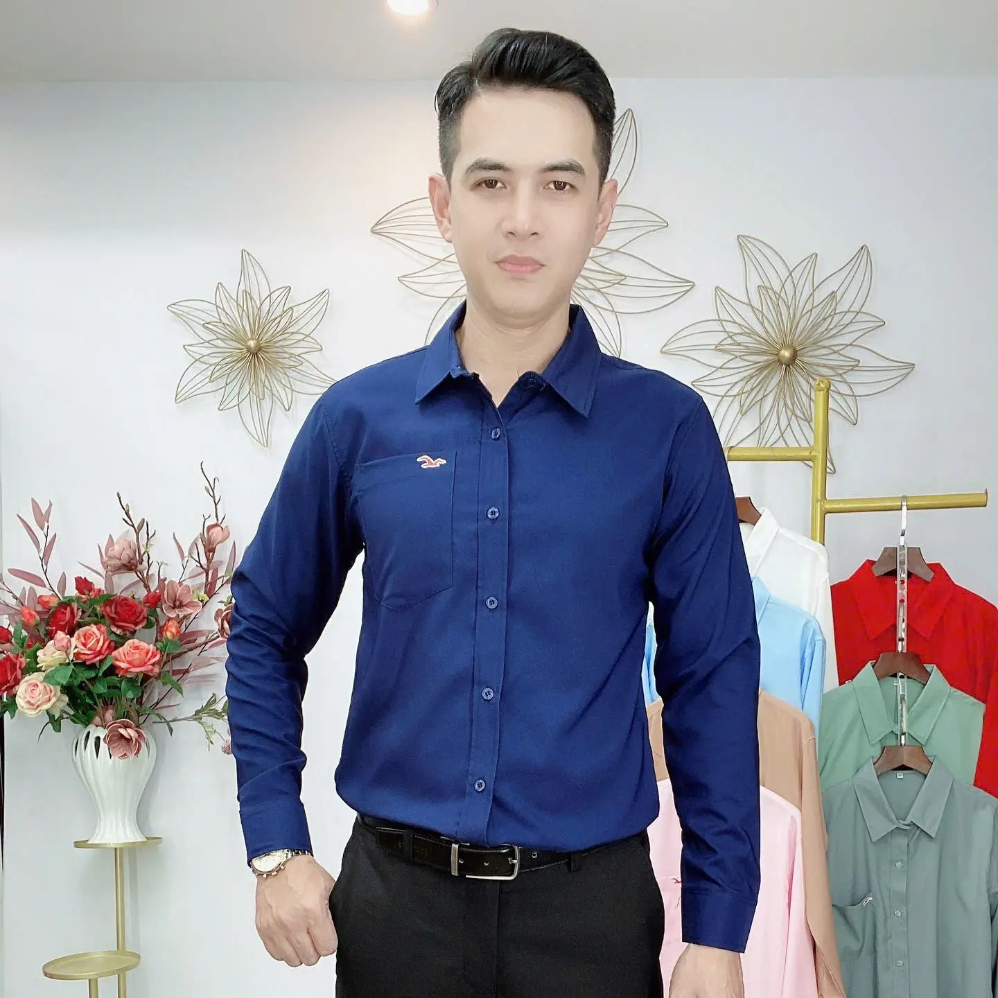 áo sơ mi nam tay dài vải lụa hàn thoáng mát thanh lịch có size 45k-94kg cổ chữ v có 10 màu