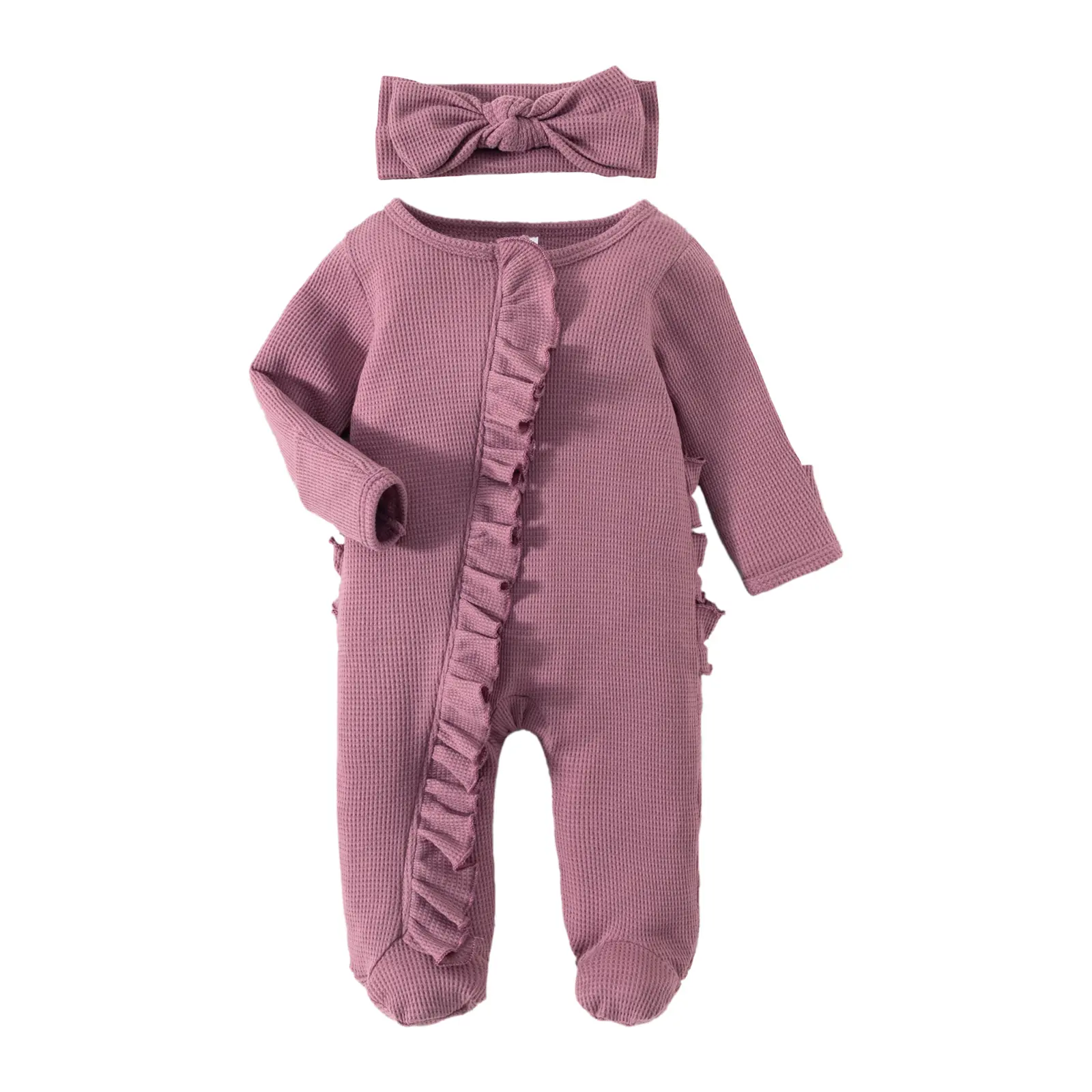 Infant Girl Footies Rompers Solid Color Frills Crew Neck Long Sleeve Baby Jumpsuits Newborn Clothes Bodysuits with Headband