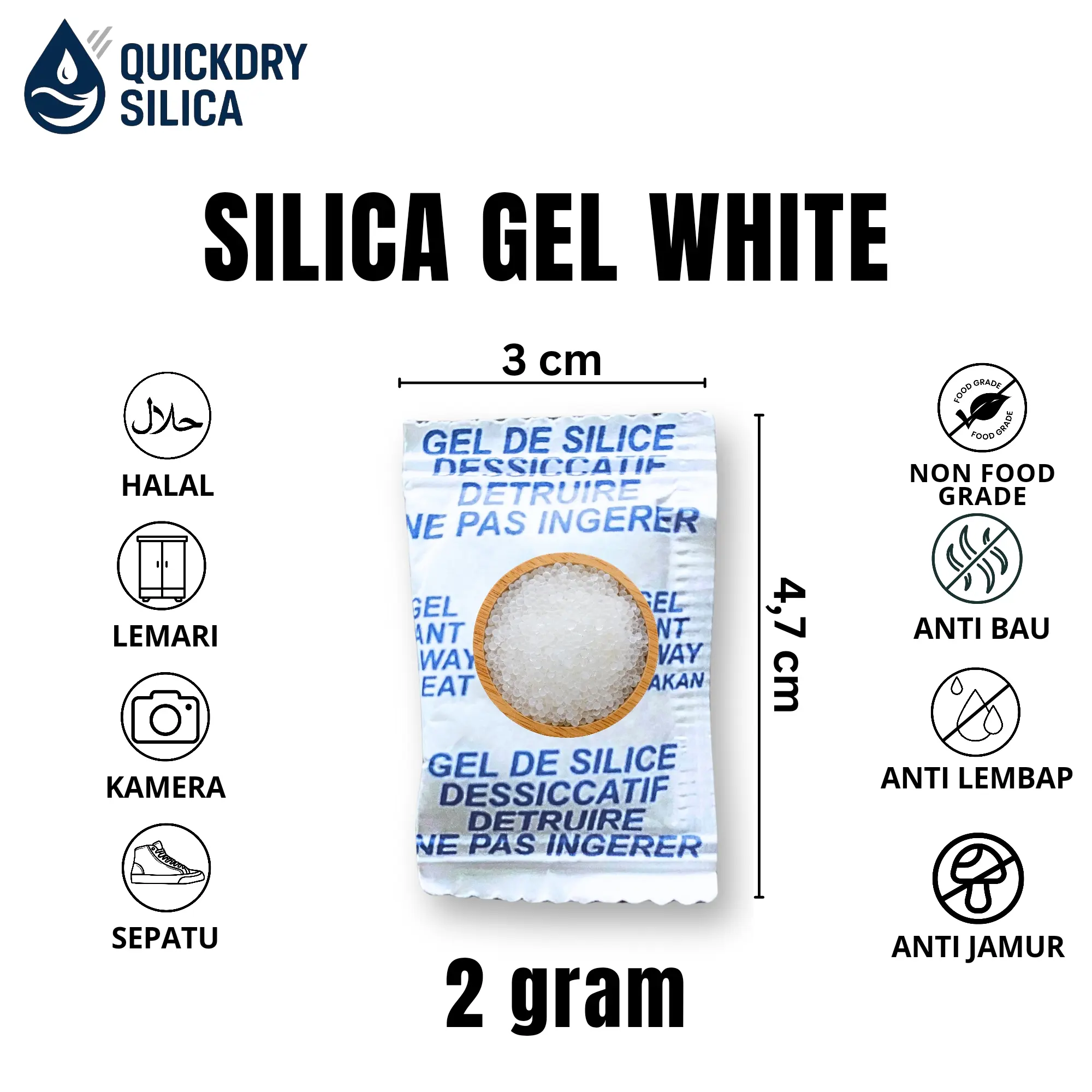 SILICA GEL WHITE / SILIKA GEL PUTIH / SILIKA SEPATU DAN TAS /SILICA GEL KAMERA / 100 gr per pack.Silica Shoe & Pembersih Jamur