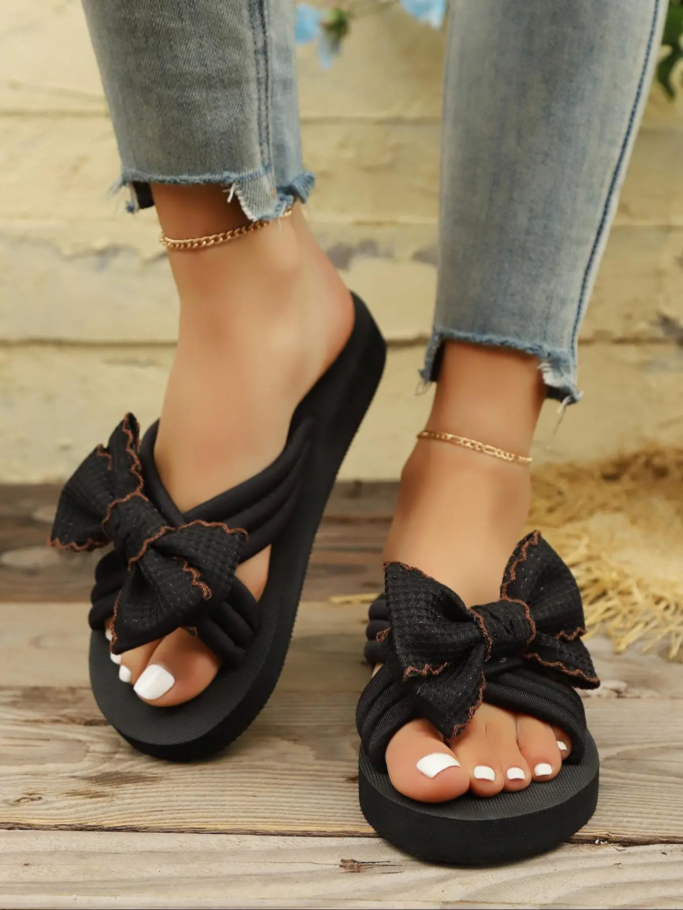 Women's Fashionable Bowknot Design Slide Sandals, Casual Comfortable Flat Sandals for Summer, Female All-match Round Toe Sandals for Daily Wear, Shoe