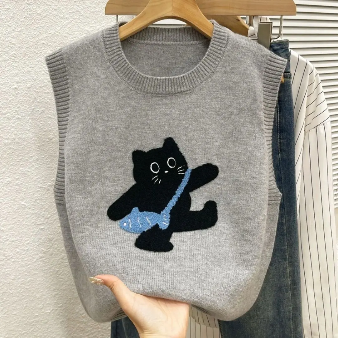 Áo Len Dệt Kim Mùa Thu, Thiết Kế Dễ Thương Và Chống Lão Hóa, Áo Vest Cho Nữ, Phong Cách Cổ Điển, Thêu Mèo Con, Thời Trang, Dễ Phối Đồ Thích Hợp Mặc Bên Trong, OOTD, Thời Trang Top Women