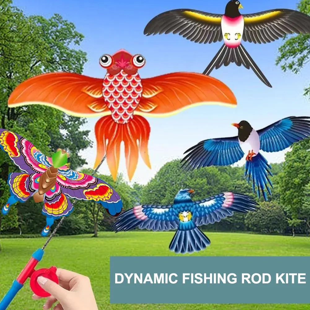 Kite With Fishing Rod Dynamic Cartoon Bird Butterfly Handheld Fishing Rod Kite With Handle Eagle Children Flying Kite Toy