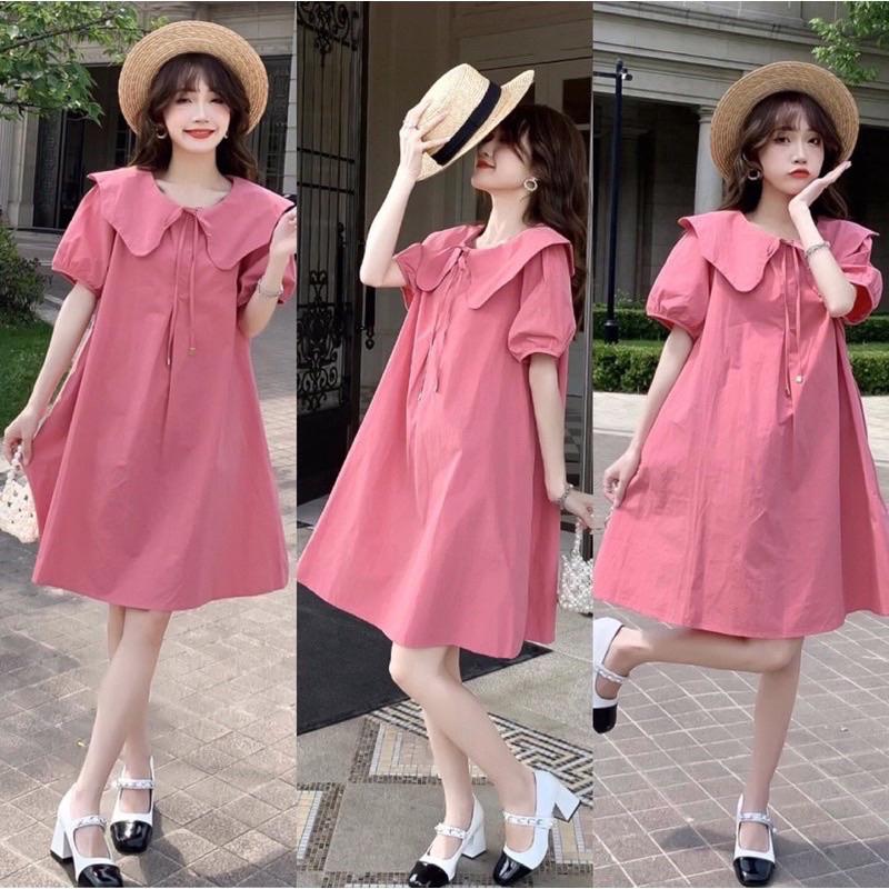 Váy bầu cộc tay babydoll tay ngắn phồng cổ sen tiểu thư B073, đầm bầu form suông rộng thoải mái