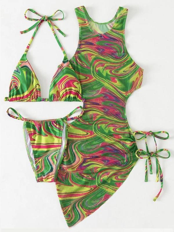 Women's All over Print Cut out Triangle Bikinis for Summer 2024, Drawstring Tie Back Halter Neck High Cut Swimwear Set for Summer, Swimsuit for Beach Holiday 2