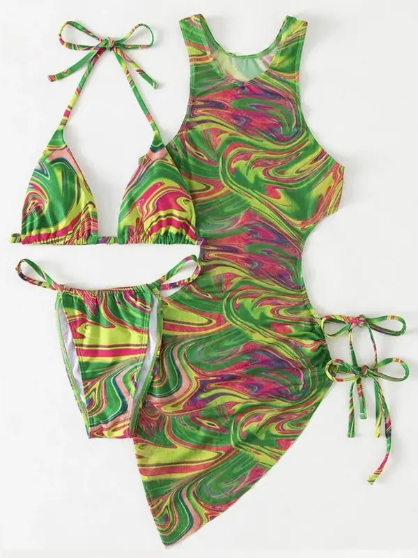 Women's All over Print Cut out Triangle Bikinis for Summer 2024, Drawstring Tie Back Halter Neck High Cut Swimwear Set for Summer, Swimsuit for Beach Holiday 2