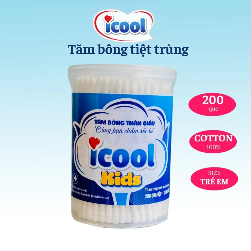Tăm bông tiệt trùng ICOOL, cao cấp, thân thiện môi trường, chính hãng, người lớn, trẻ em. Cho Bé tămbông 3