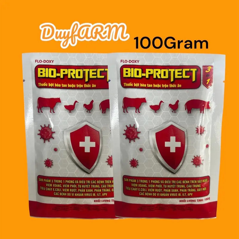BIO-PROTECT THUỐC PHÒNG VÀ ĐIỀU TRỊ BỆNH CHO VẬT NUÔI gói (100g) viêm phổi và thương hàn, tụ huyết trùng, crd, tiêu chảy, viểm ruột, e coli, sỗ mũi nhiễm trùng, phân xanh trắng, chướng bụng, đầy hơi 7