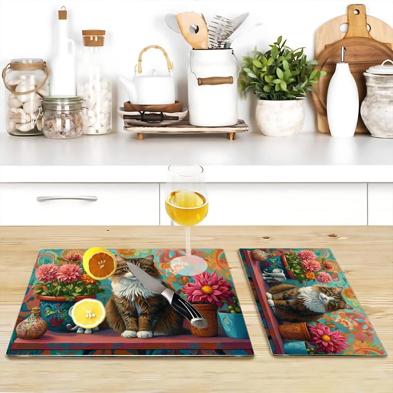 Cat & Floral Pattern Kitchen Cutting Board, Durable Heat Resistant Chopping Board, Non-slip Kitchen Chopping Board, Kitchen Decor 2