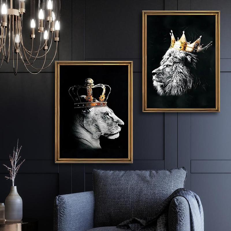 Lion Pattern Wall Art Painting without Frame, 2pcs/set Waterproof Canvas Decorative Painting for Home Living Room Bedroom 2