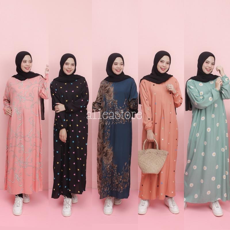 DASTER GAMIS BUSUI PB 135 RAYON ADEM MOTIF KEKINIAN Karet Muslim Nyaman Panjang Dress alur 0