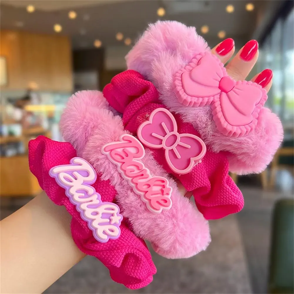 Barbie Pink Plush Hair Rope Large Intestine Hair Tie Bow Princess Hair Rope Barbie Headwear
