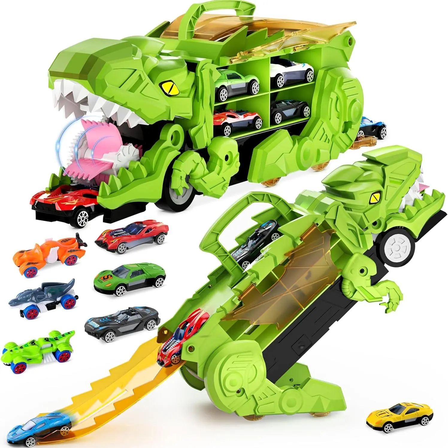 Dinosaur Transport Truck Toy with 6 Counts Random Mini Cars, 1 Box Dinosaur Swallowing Car Toy Set, Birthday Gift, Creative Toy for Boys & Girls