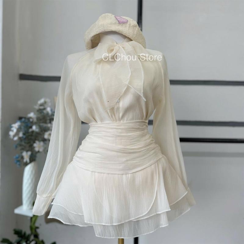 Sét Váy Tơ Xốp CLChou Màu Kem Gồm Áo Sơ Mi Nơ Cổ + Chân Váy Xoè Nhún Eo