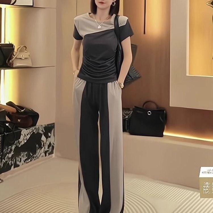 Product Introduction of Bộ Dễ Phối Đồ Đi Làm Chuyên Nghiệp, Bộ Hai Mảnh Áo Phông ngắn Tay Khối Màu Thời Trang Thường Ngày Quần Ống Rộng, Hàng Mới Về Mùa Hè 2025 5
