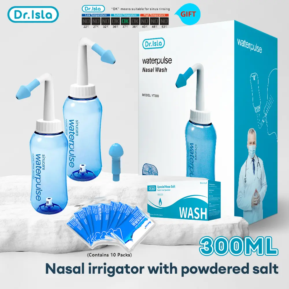 New ModelDr.Isla nasal cleaner Waterpulse Nasal Wash Neti Pot Cleaner Water pulse 300ml Powder Washing Salt Nose Rinsing Bottle Irrigater Neti Pot Washer for Adult Children Allergic Rhinitis Sinus Daily Nasal Rinsing Nose Care Tools YT300