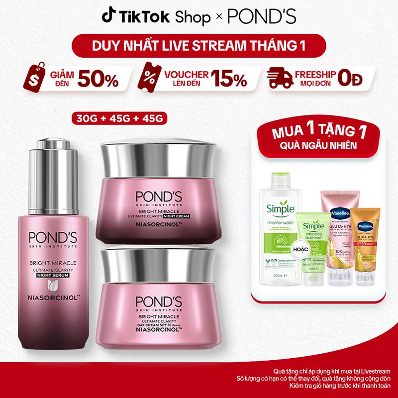 1 Bộ Skincare 1 Serum và 2 Kem Dưỡng Da Pond's Bright Miracle Hỗ Trợ Mờ Thâm Sạm với 50X Niasorcinol 30G+45G+45G
