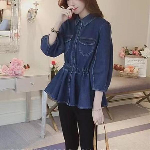 Product Introduction of [Denim jumper dress] shirt retro 2024 design denim new Hong Kong style elegant French top tight waist niche western style shirt jean sweater 4