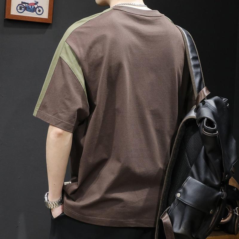 2023 New Summer Trendy Japanese Style Patchwork Color Block Regular Shoulder Short Sleeve T-Shirt Men Drop Shoulder Half Sleeve Men's Youth T-Shirt 5
