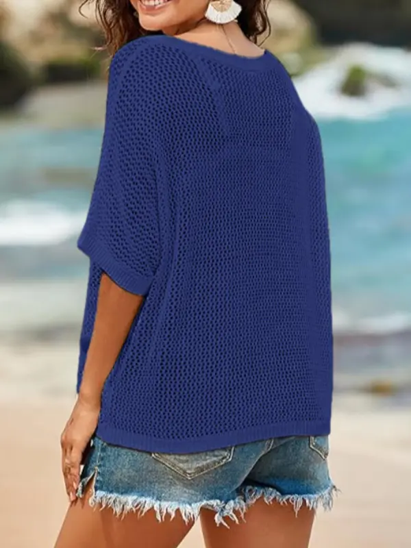 Women's Floral Pattern Crochet Sweater, Casual Half Sleeve Knit Top for Summer, Fashion Women's Knitwear for Daily Wear 7